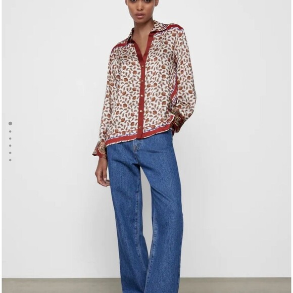 Zara Paisley Floral Printed Satin Button Front Shirt Blouse Women's Medium - Picture 2 of 16